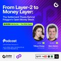 A podcast promotion graphic titled "From Layer-2 to Money Layer," featuring headshots of speakers Sidney (Sidney Powell) and Alex Ondrus, with text highlighting stablecoins and programmable money, promoting a Twitter Space event hosted by Cantor Fitzgerald.