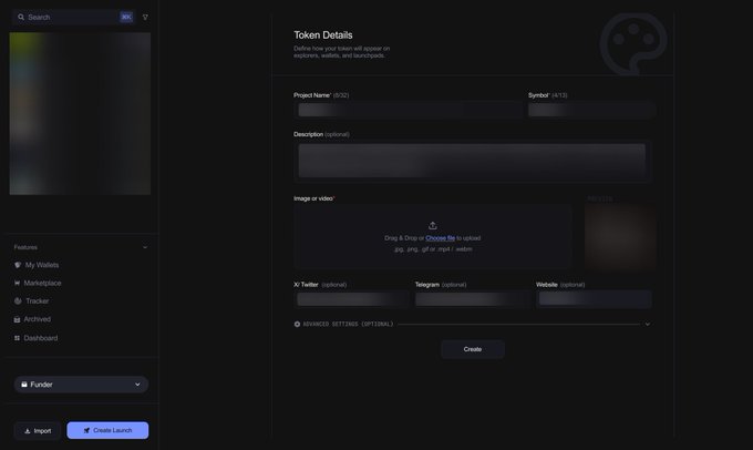 A dark-themed dashboard interface displays a 'Token Details' form with fields for Project Name, Symbol, Description, and Image upload, featuring a sidebar with options like 'My Wallets' and 'Marketplace'.