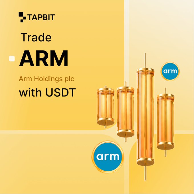 A Tapbit advertisement promoting "Trade ARM (Arm Holdings plc) with USDT" featuring golden cylindrical objects and blue ARM logos.