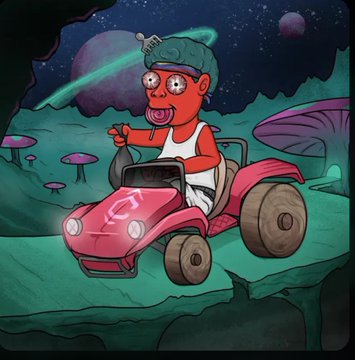 A cartoon illustration shows an orange alien-like character wearing a white tank top and green cap driving a red go-kart on a mushroom-filled alien planet under a starry sky.