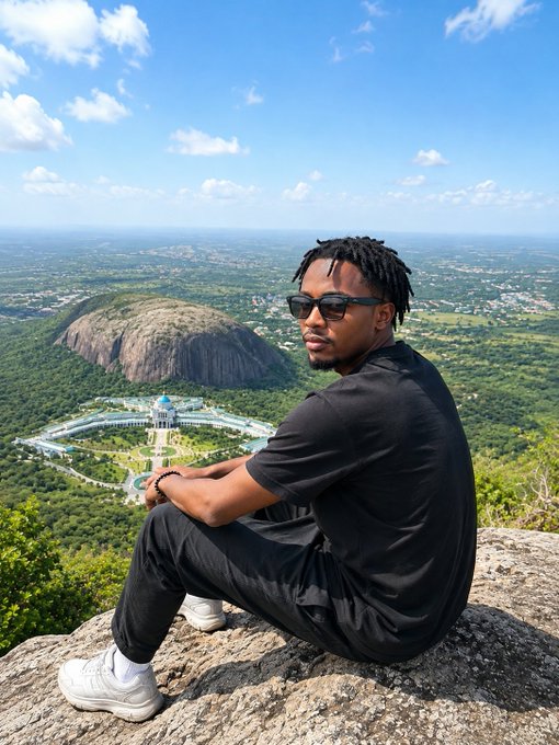 A man wearing sunglasses and a black t-shirt sits on a rocky outcrop overlooking a sprawling landscape with a distinctive rock formation and large building complex below.