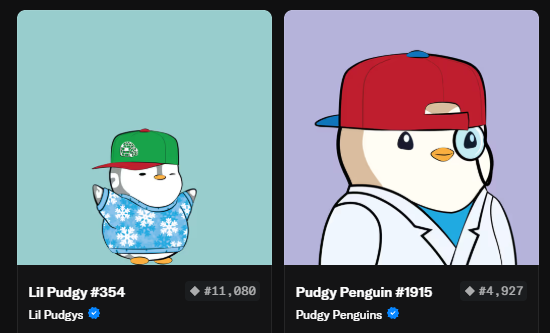 The image features two cartoon penguins, one wearing a hat and the other not. The penguin with the hat appears to be dressed for work or school, while the other penguin has a more casual appearance. Both penguins are standing on their hind legs, giving them an amusing and unique pose. The post about these penguins is titled "I have seen more friendship and praise from the Pudgy community today, than in the past 3 years of grinding blue chips!", which suggests that the image might be related to a discussion or promotion of Pudgy Penguin merchandise.