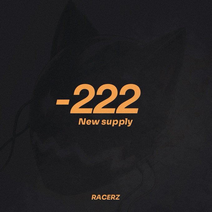 A dark promotional graphic displaying "-222 New supply" in large orange text with the "RACERZ" logo at the bottom, set against a faintly visible cat illustration.
