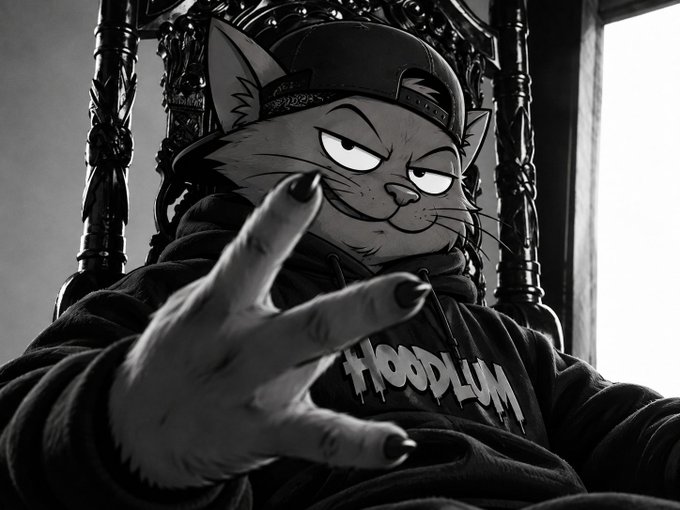 A cartoon cat wearing a backwards cap and "HOODLUM" hoodie lounges on an ornate throne, holding up a three-finger gesture toward the camera. The image serves as the mascot reveal for the $HOODLUM token, reinforcing the post's bold "streets belong to us" announcement.