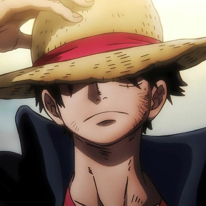 Anime-style portrait of a young man in a straw hat with a red band, hand resting on the brim, appearing determined.