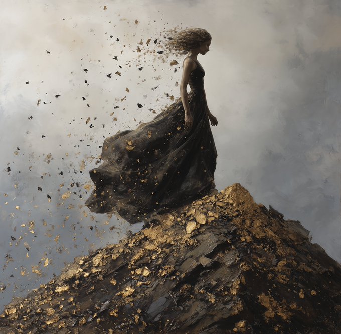 A digital illustration of a woman in a black dress standing atop a rocky peak, with pieces of the rock or fabric dissolving into the air around her.