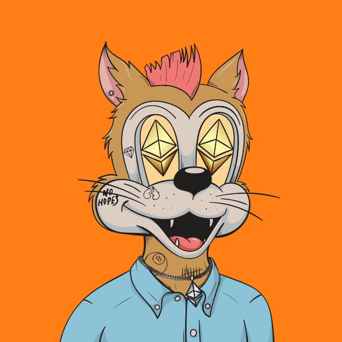 An illustration of a cartoon fox-like character with a pink mohawk, diamond-shaped yellow eyes, a 'NO HOPE' tattoo, and a blue shirt against a solid orange background.