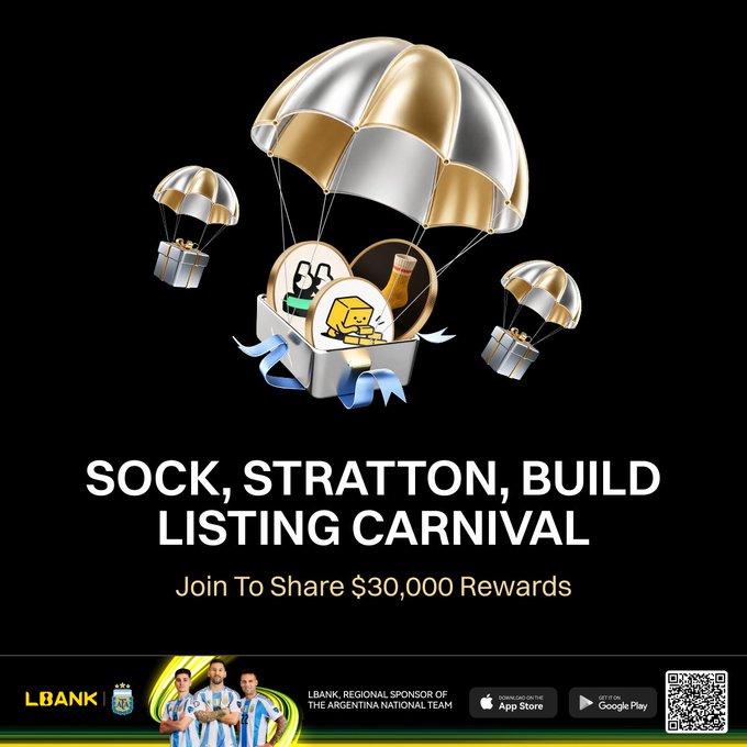 LBank's Listing Carnival promotional banner features gold and silver parachute gift boxes alongside token icons, advertising a $30,000 USDT reward pool for the $SOCK, $STRATTON, and $BUILD tokens. The design highlights LBank as a regional sponsor of the Argentina national football team, with app download links and a QR code for participation.