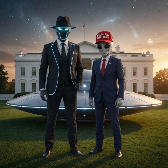 Two aliens in suits and a red "MAKE ALIENS GREAT AGAIN" hat stand in front of a UFO on the White House lawn, satirically tying the $MAGA token's "mothership" invitation to a playful alien-themed political rally.
