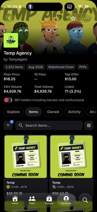 The screenshot shows the OpenSea listing page for the "Temp Agency" NFT collection by TempAgent, displaying a floor price of $16.25, 24H volume of $4,939.76, and 961 holders, with two "Coming Soon" placeholder items visible at the bottom. This relates to the post by showcasing the Temp Agent NFT collection where the user discovered they were eligible for a mint on MintDash, which had already minted the eligible wallets.