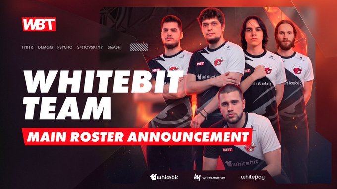 A promotional graphic announces the WhiteBit (WBT) team's main roster, featuring players Tyrik, DemQQ, Psycho, Saltovskiyy, and Smash in their team jerseys, with the caption celebrating the lineup as W Group's esports division sets its sights on reaching a Major tournament.