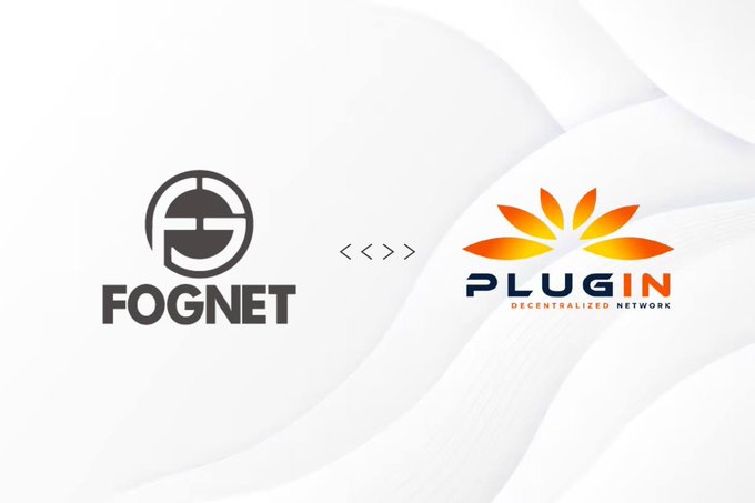 A promotional graphic announcing a partnership or connection between 'FOGNET' and 'PLUGIN DECENTRALIZED NETWORK', separated by a '< < < > > >' symbol.