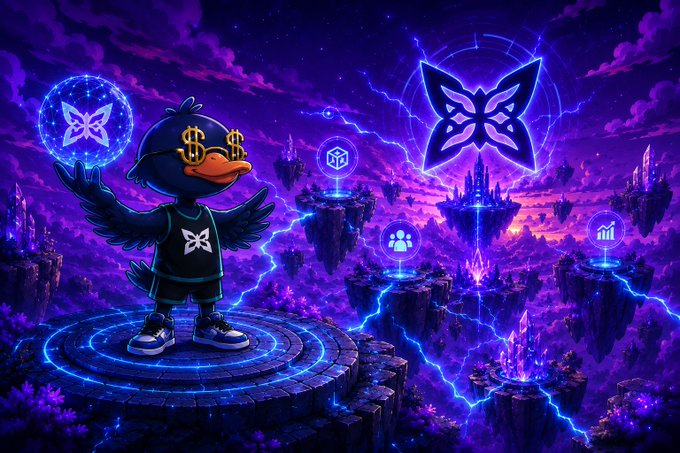 The image features a cartoon character dressed in black standing on a platform with wings. The character has a dollar sign around their neck, which adds a unique touch to their appearance. The background of the image is filled with purple elements, giving it an artistic and vibrant feel. There are also some butterflies present in the scene, adding more detail and interest to the overall composition.