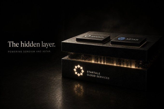A dark promotional image for 'STARTALE CLOUD SERVICES' featuring hardware components, with the tagline 'The hidden layer. POWERING SONEIUM AND ASTAR'.