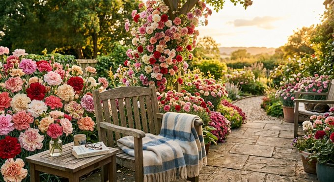 A picturesque garden at golden hour featuring a wooden bench with a blue-striped throw blanket, surrounded by lush blooming flowers in shades of pink, red, and white.