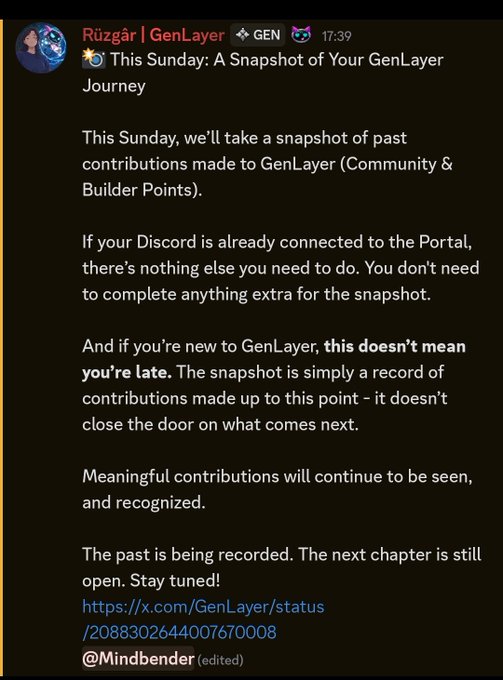 Discord message from 'Rüzgâr | GenLayer' about a Sunday snapshot of GenLayer Journey contributions, mentioning Community & Builder Points and tagged '@Mindbender'.