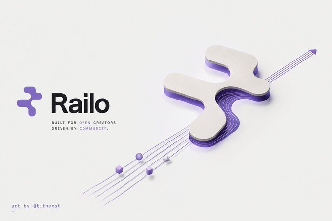A 3D-style logo design for 'Railo' with the tagline 'Built for open creators. Driven by community.' featuring a purple cross-like symbol.