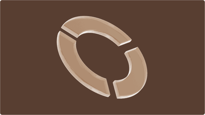 A stylized 3D rendering of a broken bronze or gold circular emblem with a gap in the design, set against a dark brown background.