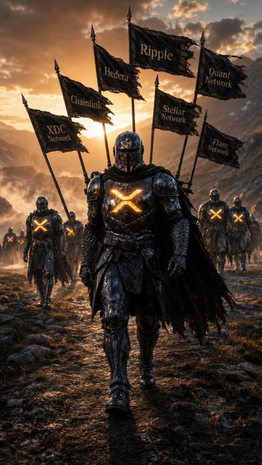 Armored knights march forward under tattered banners labeled "Ripple," "Hedera," "Chainlink," "XDC Network," "Stellar Network," "Quant Network," and "Flare Network," with the lead knight bearing a glowing XRP "X" emblem on his chest, symbolizing these projects as the "knights" of a new financial order.