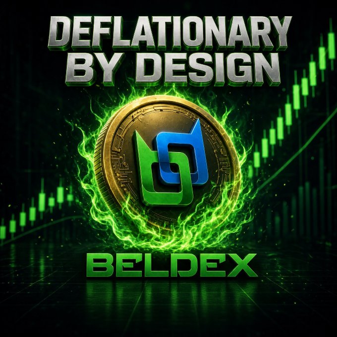 A promotional graphic for 'BELDEX' with the tagline 'DEFLATIONARY BY DESIGN' featuring a green and blue logo coin surrounded by flames and green candlestick charts.
