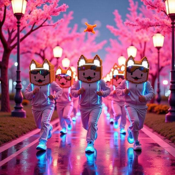 A squad of runners in pixelated cat-themed hoodies and glowing tracksuits charge down a neon-lit path lined with pink cherry blossoms and vintage lampposts, with a small orange cat-like figure soaring overhead. The image embodies the growing $LOAFCAT community's energy and movement, visually representing the expanding "army" now reaching 50K players strong.