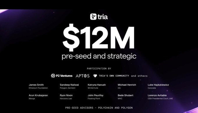 The image shows a poster with a black background featuring white text that reads "Pre-seed Seed and Strategic $12M seed funding by Apatos, Polyseed, and others". The poster also includes the names of several people who have participated in this seed funding event. The main focus is on the seed funding opportunity for startups and projects related to Web3 technology, which aims to simplify the process of accessing ecosystems, wallets, and applications.