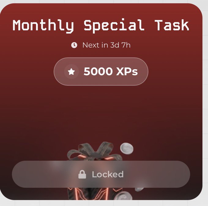A dark red mobile app screen displaying a 'Monthly Special Task' offering '5000 XPs' reward, with a countdown showing 'Next in 3d 7h' and a 'Locked' button at the bottom.