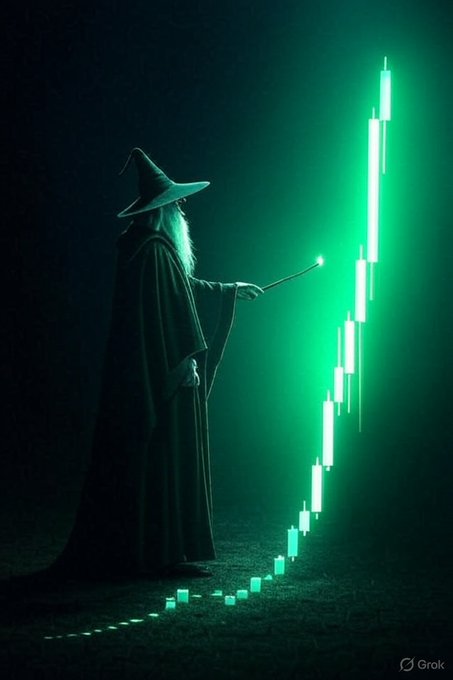 An AI-generated image of a wizard in dark robes casting a spell that creates a glowing green financial candlestick chart, marked with 'Grok'.