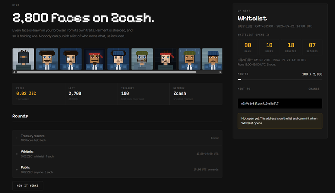 A screenshot of a cryptocurrency website titled '2,800 Faces on Zcash' featuring a pixel-art Whitelist with various character portraits, displaying statistics like '00 DAYS', '10 HOURS', '18 MINUTES', and a price of '0.02 ZEC'.