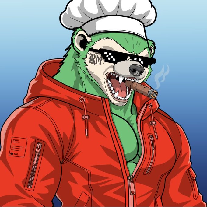 A cartoon illustration of an anthropomorphic green bear wearing a chef's hat, pixelated 'deal with it' sunglasses, and an open red jacket, with sharp teeth showing as it smokes a cigar with smoke rising on the right.