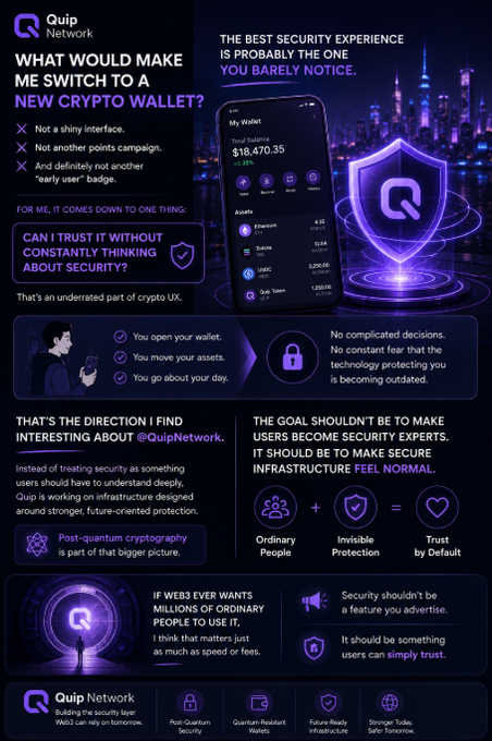An infographic by Quip Network asks 'WHAT WOULD MAKE ME SWITCH TO A NEW CRYPTO WALLET?' highlighting features like post-quantum security and quantum-resistant wallets, emphasizing that 'THE BEST SECURITY EXPERIENCE IS PROBABLY THE ONE YOU BARELY NOTICE.'