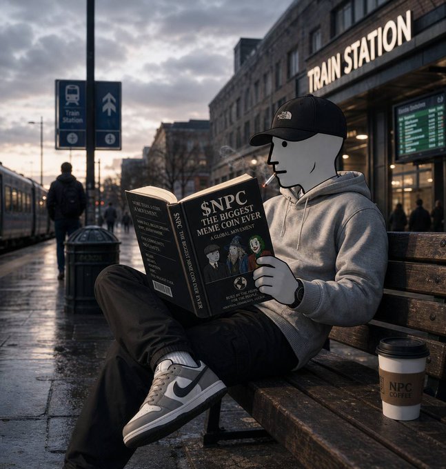 A figure wearing a North Face cap, sneakers, and a gray hoodie sits at a "TRAIN STATION" bench reading a book titled "$NPC: THE BIGGEST MEME COIN EVER — A GLOBAL MOVEMENT" while enjoying "NPC COFFEE," reinforcing the post's claim that nothing is as strong as $NPC.