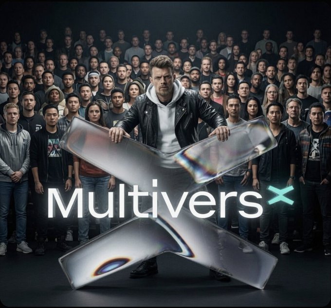 A promotional image with the text 'Multivers X' overlaid on a large chrome 'X' symbol, with a man in a leather jacket standing in front of a crowd of people.
