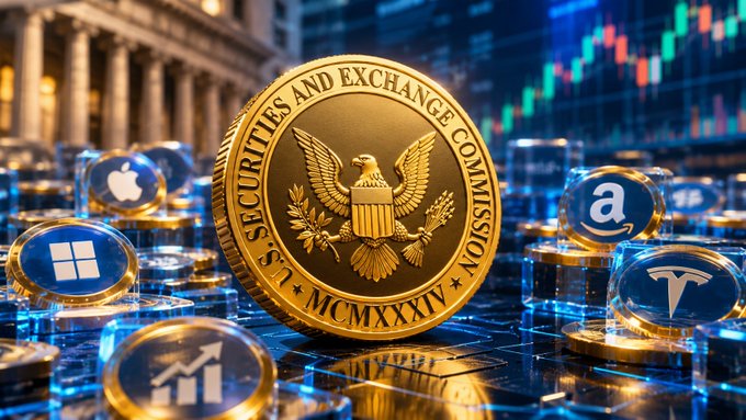 A golden coin featuring the U.S. Securities and Exchange Commission seal and eagle emblem, surrounded by blue tokens bearing logos for Apple, Amazon, Tesla, and Microsoft, set against a stock market background.