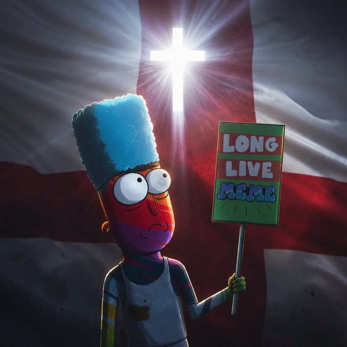 An artistic image of a Marge Simpson-style character with blue hair holding a sign that reads 'LONG LIVE MEME' in front of a red cross flag and a glowing cross.