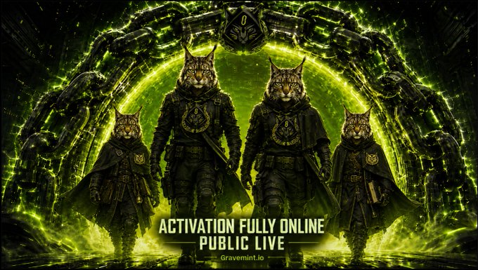 Four armored, cat‑headed figures stand before a glowing green portal with the text “ACTIVATION FULLY ONLINE PUBLIC LIVE” and “Gravemint.io,” announcing the live launch of the Hoodlynx mint.