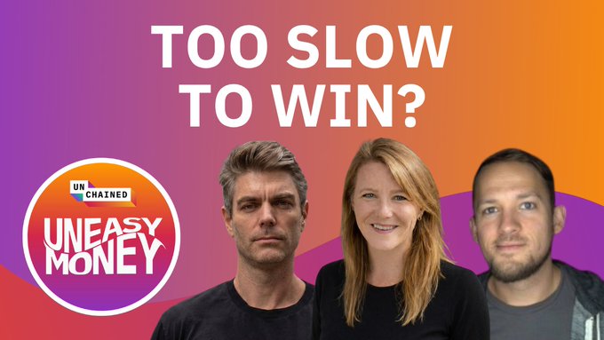 The image is a podcast promo for "Uneasy Money" featuring hosts and a guest, with the headline "TOO SLOW TO WIN?" The post previews the episode's topics—AI smart contract auditing, a $20M DAO treasury drain, and Vitalik's Ethereum rebuild—indicating guest Austin Griffith will join hosts Kain and Tayvano for the live discussion.