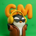 A small cartoon penguin wears yellow headphones with the orange letters 'OM' forming a halo above its head against a green background.