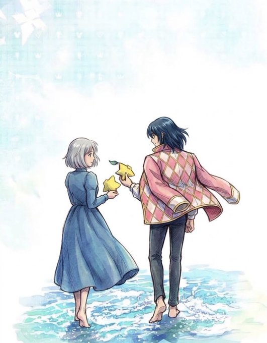 A tender watercolor illustration shows Howl and Sophie from "Howl's Moving Castle" standing barefoot at the water's edge, exchanging yellow star-shaped objects. The artwork perfectly captures the intimate, magical bond celebrated in the birthday message dedicated to @HowlyPendragon, whose username references one of Studio Ghibli's most beloved characters.