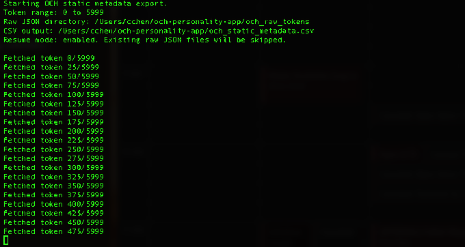 A terminal window showing the OCH static metadata export script running, fetching tokens in batches from 0/5999 to 475/5999.