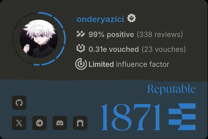 A digital profile card for user 'onderyazici' featuring an anime-style avatar of a white-haired character, showing 99% positive rating from 338 reviews, 0.31e vouched with 23 vouches, 'Limited' influence factor, 'Reputable' status, 1871 points, and social media icons (GitHub, X, Telegram, Discord, NNN) at the bottom.