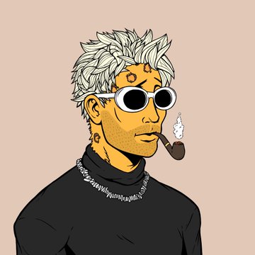 A stylized illustration of a young man with messy white hair, white-rimmed sunglasses, piercings, and a smoking pipe, wearing a black turtleneck and chain.