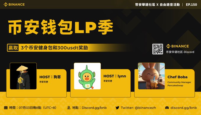Binance Chinese Community Discord's "Free Voice" Episode 150, titled "Binance Wallet LP Season," will be hosted on July 3rd at 8 PM (UTC+8) featuring hosts 狗哥 and lynn, with special guest Chef Boba, Community Manager at PancakeSwap, where participants can win 3 Binance jerseys and 300 USDT in rewards.