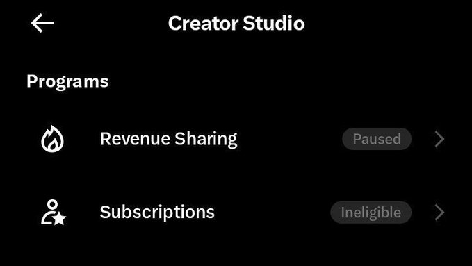 A screenshot of TikTok's 'Creator Studio' menu showing 'Programs' with Revenue Sharing marked as 'Paused' and Subscriptions marked as 'Ineligible'.