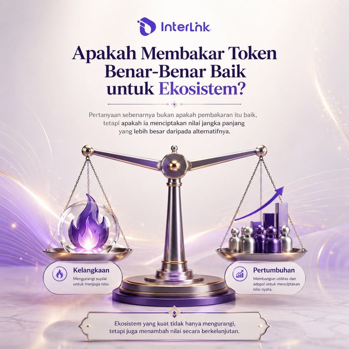 A promotional graphic by InterLhk asks "Apakah Membakar Token Benar-Benar Baik untuk Ekosistem?" (Is Token Burning Truly Beneficial for the Ecosystem?), depicting a balance scale weighing "Kelangkaan" (Scarcity) against "Pertumbuhan" (Growth) to illustrate the post's discussion of whether reducing token supply truly benefits crypto ecosystems or merely creates perceived value.