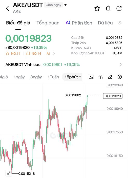 A cryptocurrency price chart on a Vietnamese interface shows AKE/USDT trading at 0.0019823, up 16.39%, with 24h volume of 4.63B AKE and 8.51M USDT.