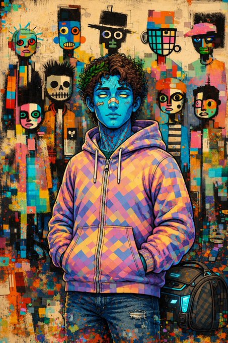 A colorful street art-style illustration of a blue-skinned figure in a checkered hoodie standing before a wall of diverse painted faces, with a backpack nearby.