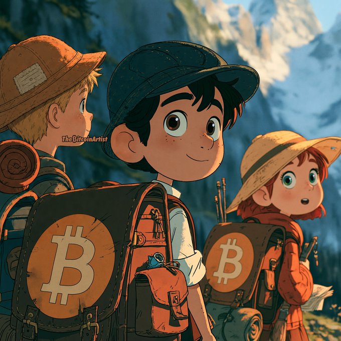An illustrated scene of three young hikers with backpacks featuring the Bitcoin logo on them, set against a mountainous landscape, with 'TheBitcoinArtist' watermark visible.