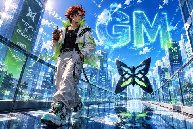 An anime-style illustration shows a character in front of glowing holographic billboards reading "FUTURE IS ONCHAIN", "WEB3", "LIFESTYLE", "GM", and a butterfly logo in a futuristic cityscape.