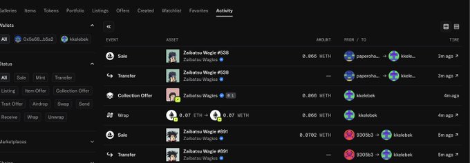 A dark-mode NFT marketplace activity feed displays recent wallet transactions, including a sale of "Zabatsu Wagi #538" for 0.065 METH, a collection offer, and a wrap of 0.07 ETH to 0.07 METH. The timestamped events from paporha... and 930l53 align with the post's reference to selling under 0.1 ETH at roughly 0.4 ETH instant value, showing how the user quickly listed and shed their Wagi NFTs after purchasing.